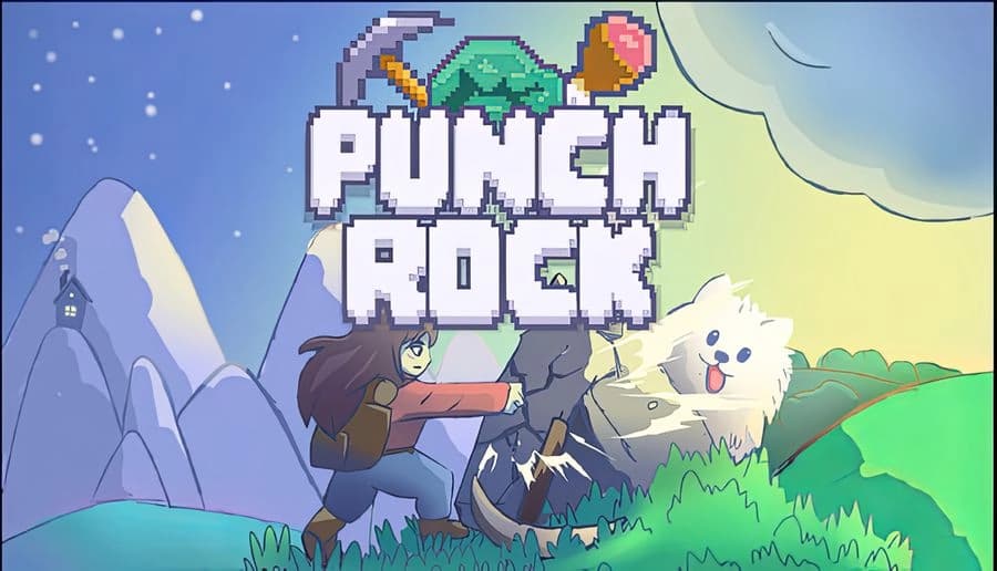 Punch Rock: young woman punches a rocky cliff face beside fluffy dog, mountains and grass under blue sky.