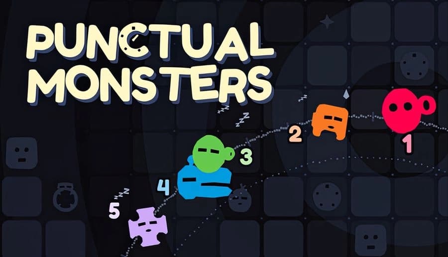 Punctual Monsters: colorful round monsters and blocky faces float over a dark grid with scattered numbers and stars.