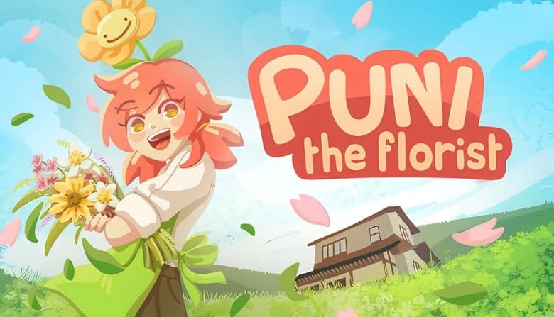 Puni the Florist: Young girl with red hair holds flower bouquet, smiling near shop under blue sky with scattered petals.