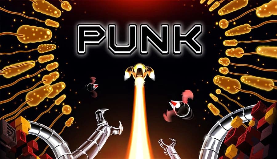 PUNK: Tiny red spacecraft fires yellow shots near jagged red planet, surrounded by metallic tentacle claws in space.