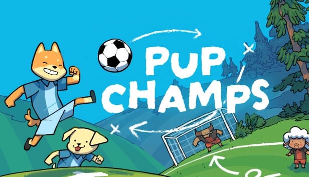 Two cartoon dogs in soccer uniforms play soccer on a grassy field with a goal and mountains.