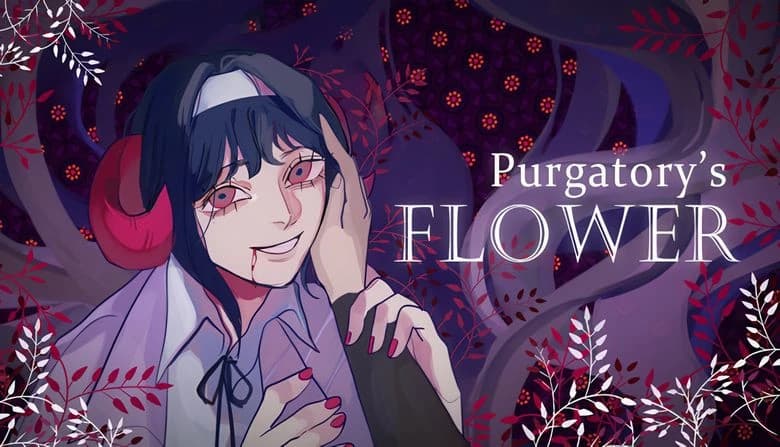Eerie young woman with long dark hair and red eyes smiles unsettlingly, hand on face; dark floral backdrop; blood drips.