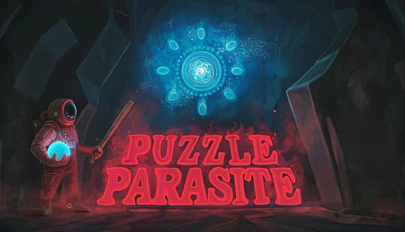 Puzzle Parasite: Astronaut in red suit holds glowing orb and bat, facing radiant alien glyph in dark, energy-filled cave.