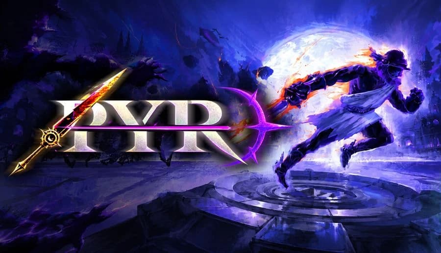 PYR: Hooded fighter sprinting across shattered stone platforms with glowing blade, shadowy monsters in purple haze.