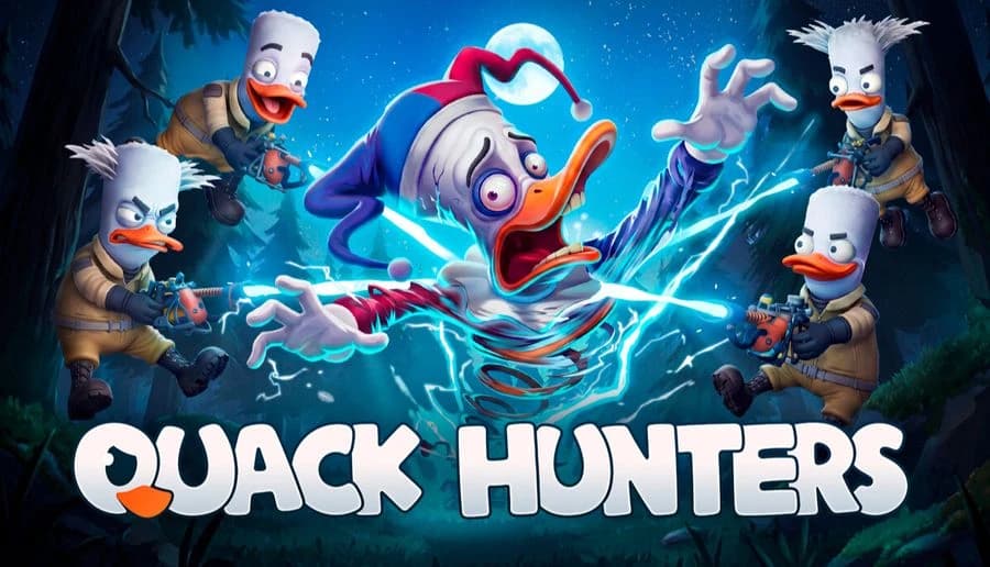 Quack Hunters: terrified cartoon duck recoils from blue lightning as four armed ducks advance in dark forest at night.
