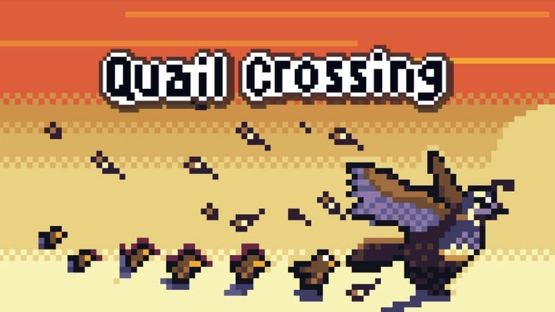 A pixelated mother quail runs across a desert landscape with wings outstretched, chicks following behind in a trail.
