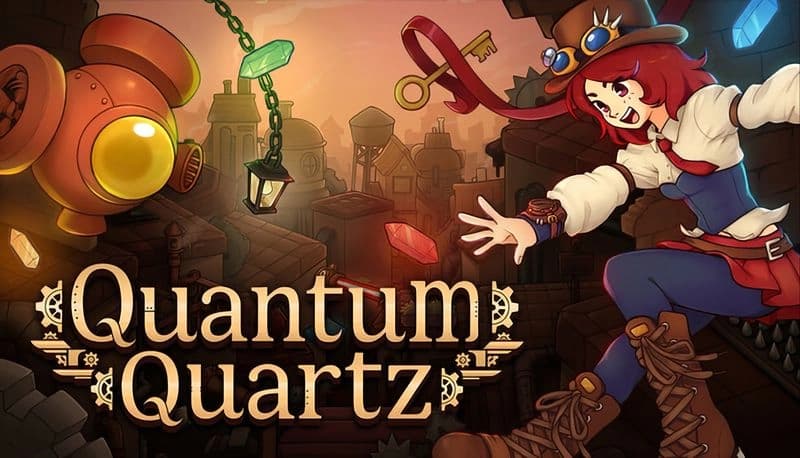 Quantum Quartz: Young woman with wide-brimmed hat reaches for floating red crystal in a steampunk cityscape with gears.
