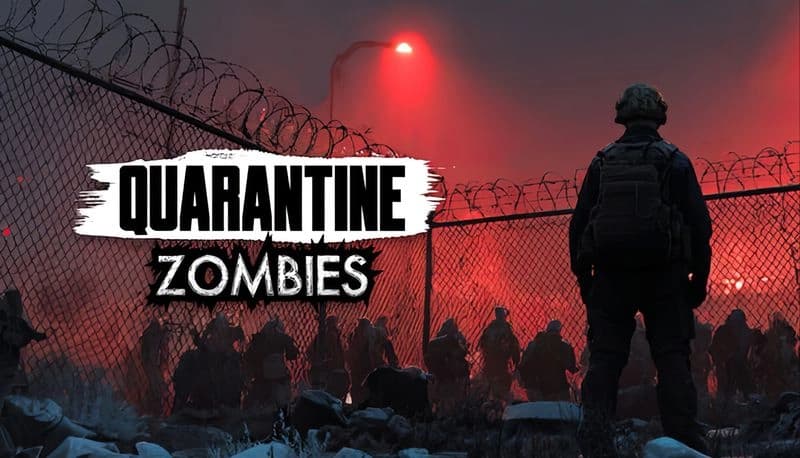 Quarantine Zombies: Lone soldier stands at barbed-wire fence at night as red light illuminates approaching zombie horde.