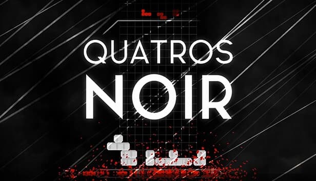 Dark abstract background with white falling blocks and scattered red particles at the bottom.