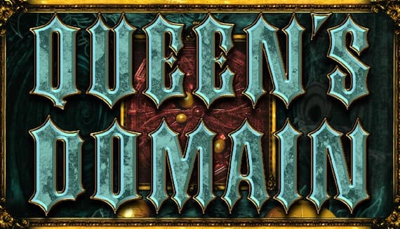 Queen's Domain: Ornate medieval lettering with gold trim against a dark, intricate background with red shield motifs.