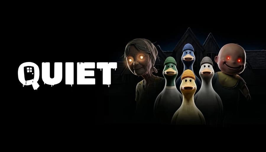 QUIET: Four cartoon ducks huddle in front of a dark house, with a glowing-eyed woman and round-faced figure behind them.