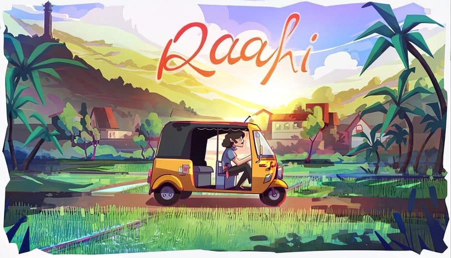 Raahi: young man driving a yellow tuk-tuk along a road at sunset, with palm trees and hills in the background.