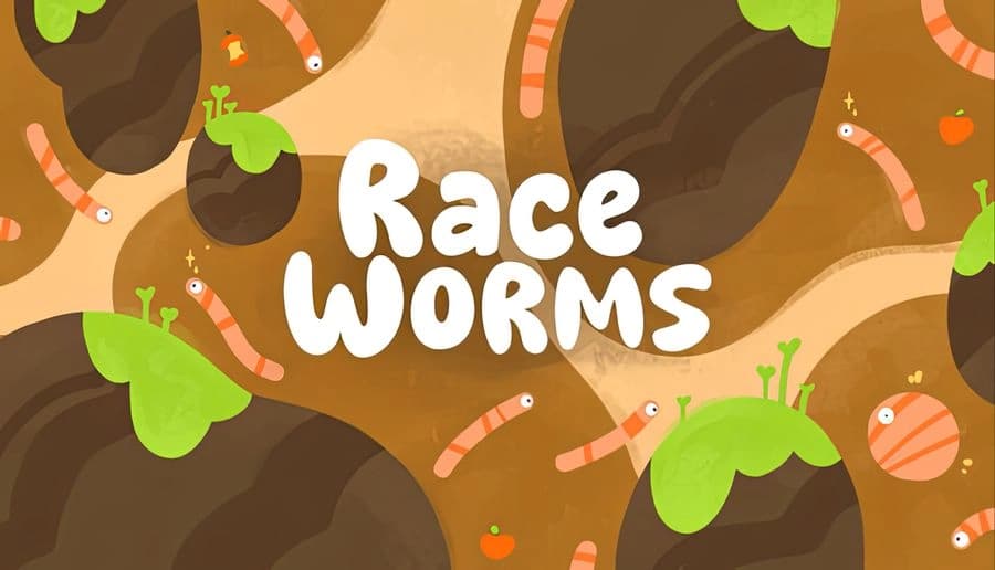 RaceWorms: Two cartoon worms race towards a checkered flag held by an ant on grassy terrain under a bright green sky.