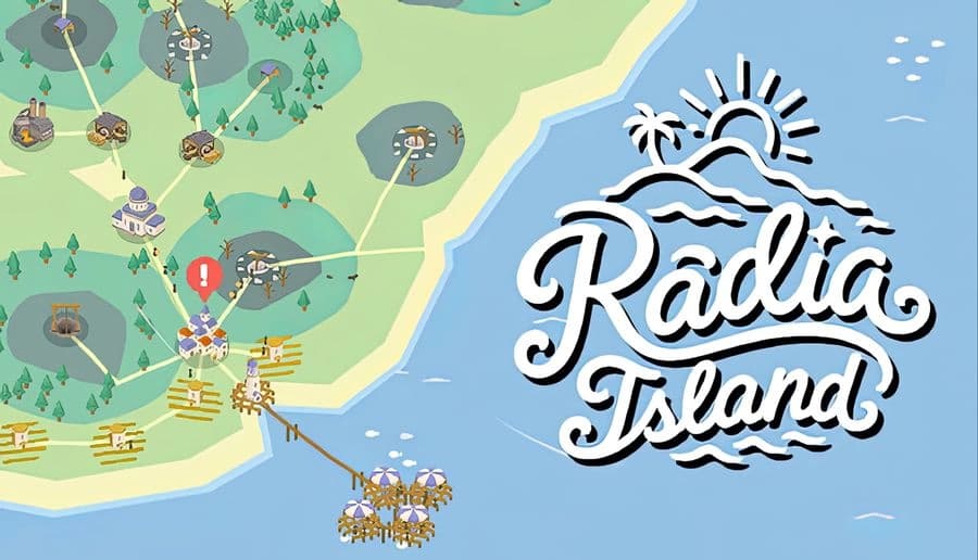 Radia Island: coastal map with clustered buildings, docks, and farms near forests, rivers, and sandy shores.