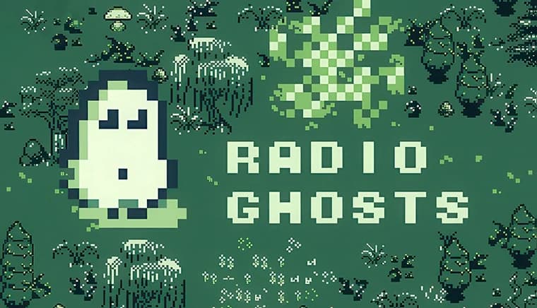 Pixelated ghost with wide eyes on a green background filled with pixelated trees, bushes, and mushrooms.