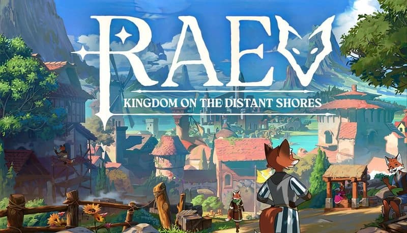 RAEV: A fox in a medieval outfit surveys a vibrant village with wooden houses, lush trees, and distant mountains under a blue sky.