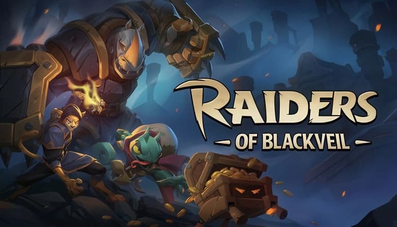 Raiders of Blackveil: Two fighters flanked by armored giant; animated chest with eyes in dark, foggy ruins setting.