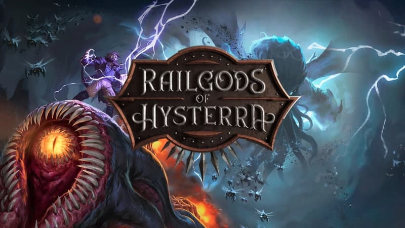 RailGods of Hysterra: Man conjures lightning on massive beast with sharp teeth; flying creatures swarm in stormy sky.