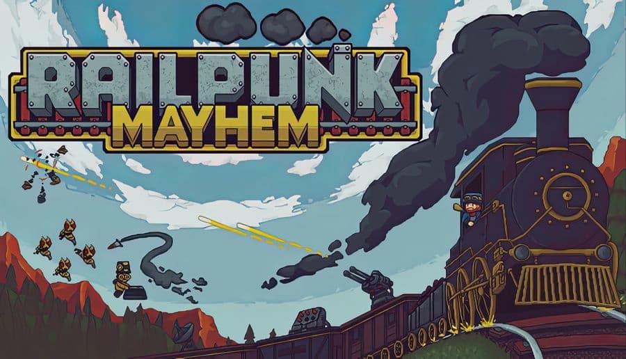 Railpunk Mayhem: pixel-art steam train billows black smoke under cloudy sky, mountains and flying drones nearby.