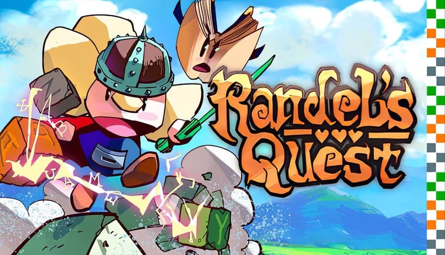 Randel’s Quest: Armored knight swings sword amid crackling lightning, with stone golem chunks in grassy hills.