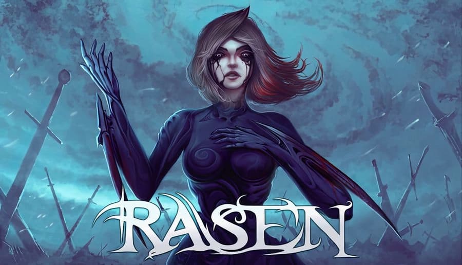 Rasen: pale young woman raises clawed hand, dark bodysuit marked with swirls, in foggy blue arena with spears.