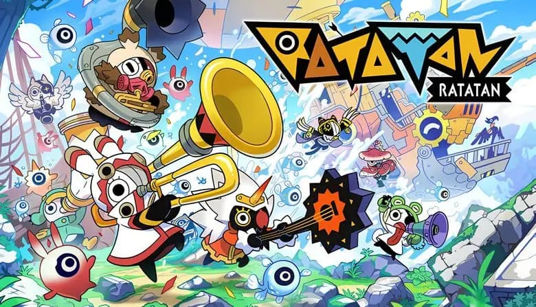 Colorful cartoon characters wielding musical instruments engage in lively battle amid vibrant landscape with structures.