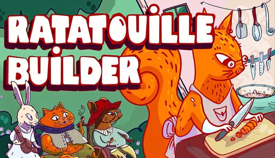 Ratatouille Builder: bold white title text over green background, orange cat in apron holding plate at right side.