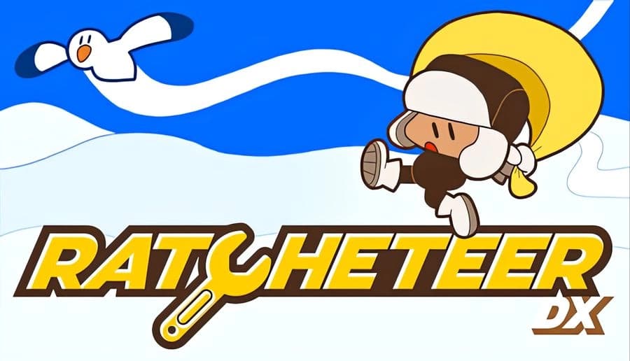 Ratcheteer DX: Young girl in snowsuit leaps with a shovel over snow, accompanied by a flying bird against a blue sky.