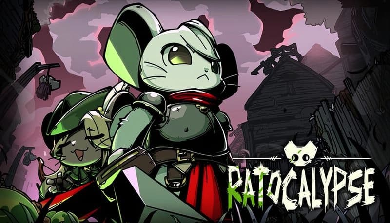 Ratocalypse: Mouse warrior and ally in armor stand alert in a dark village under a stormy pink sky, ready for battle.
