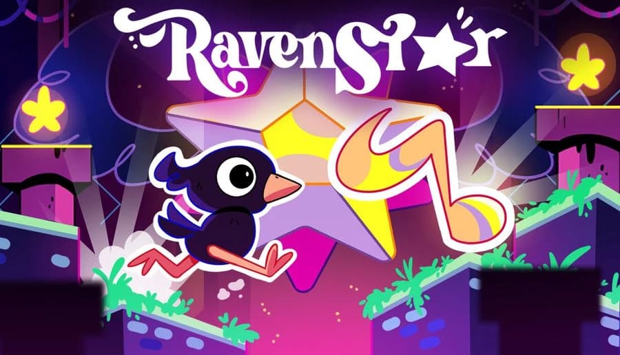 RavenStar: black bird hops between neon platforms toward a glowing music note and star in a purple cave.
