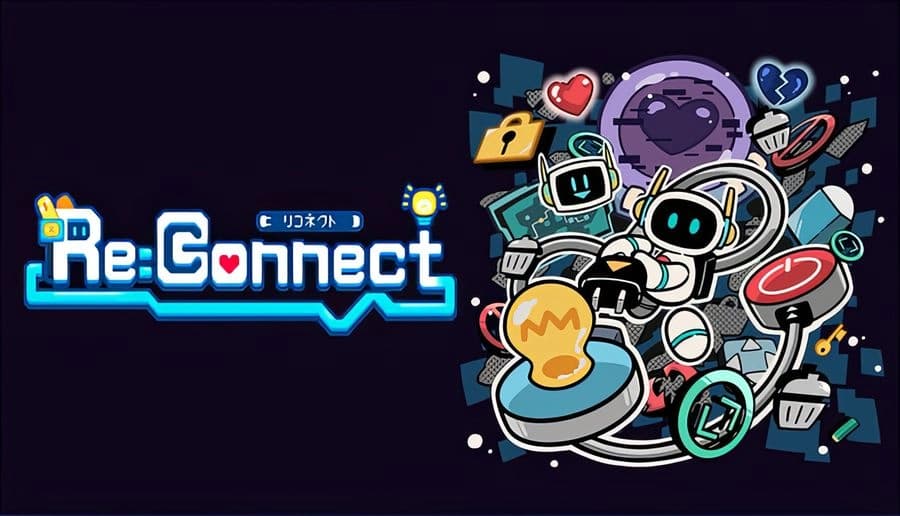 Re: two smiling robots connect glowing cables around a heart-shaped circuit core in a floating cyber space scene.