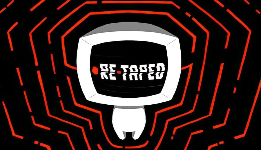 RE-TAPED: Retro TV-headed figure set against a maze of red lines, emphasizing a digital puzzle platformer atmosphere.