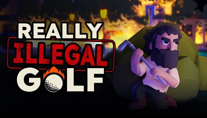 Really Illegal Golf: Bearded man with golf club crouches beside a bush in front of a blazing fire, wearing torn clothes.