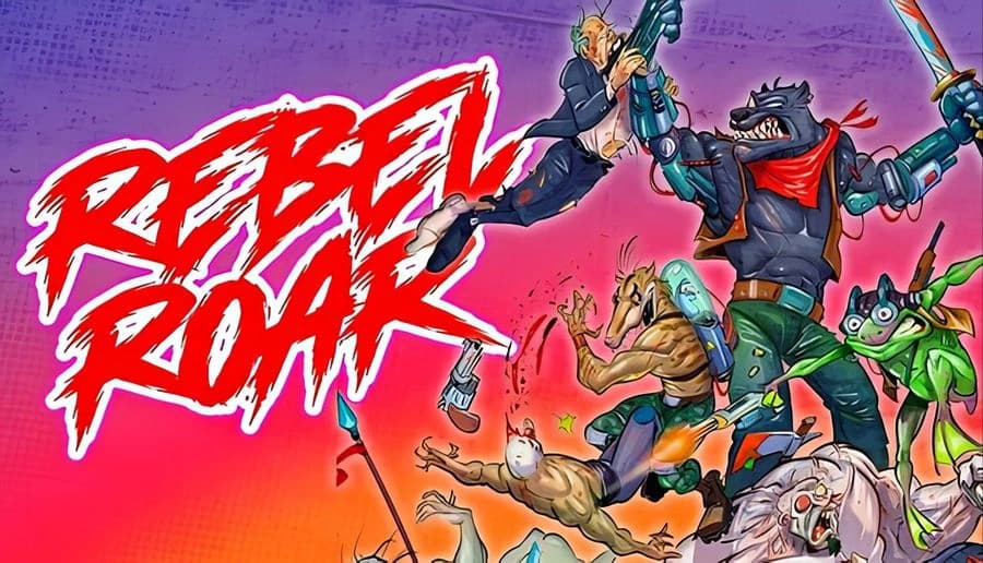Rebel Roar: Rebel animals raise weapons and charge forward in a neon-pink cyberpunk city backdrop with debris.