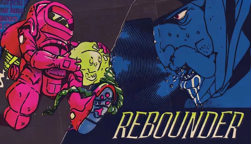 Rebounder: Pink-suited figure hurls green blob; blue-skinned man watches. Comic art with dynamic split composition.