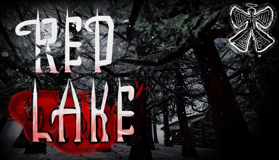 Red Lake: blood-red lake title over dark forest canopy, white rune-like symbol centered below the letters.