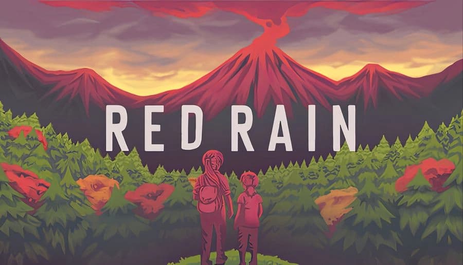 Red Rain: Woman and young girl with backpacks face a red mountain range above dense pine forest at sunset sky.