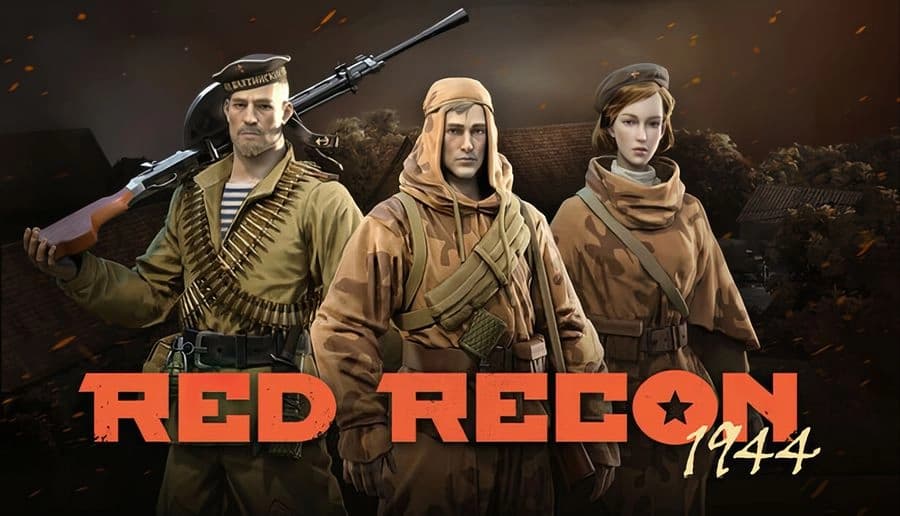 Red Recon: stern Soviet soldier with ammo belts and rifle over shoulder, holding pistol on smoky battlefield backdrop.