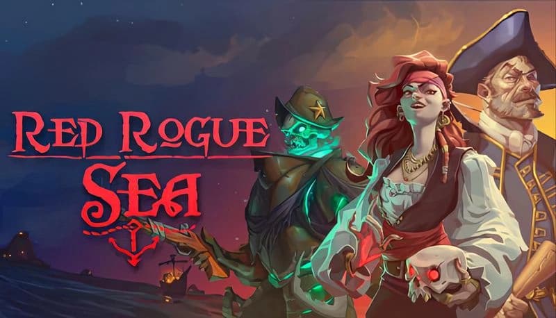 Red Rogue Sea: Pirate captain, skeleton, and old sailor stand against stormy sea, under dark sky, with distant ships.