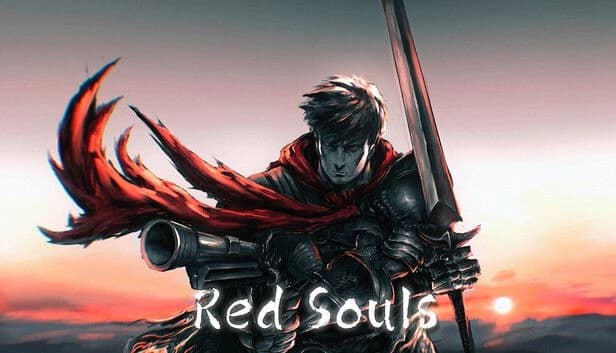 Red Souls Demo: Young man in armor holds a sword and cannon, red scarf billowing, against a dramatic sunset backdrop.