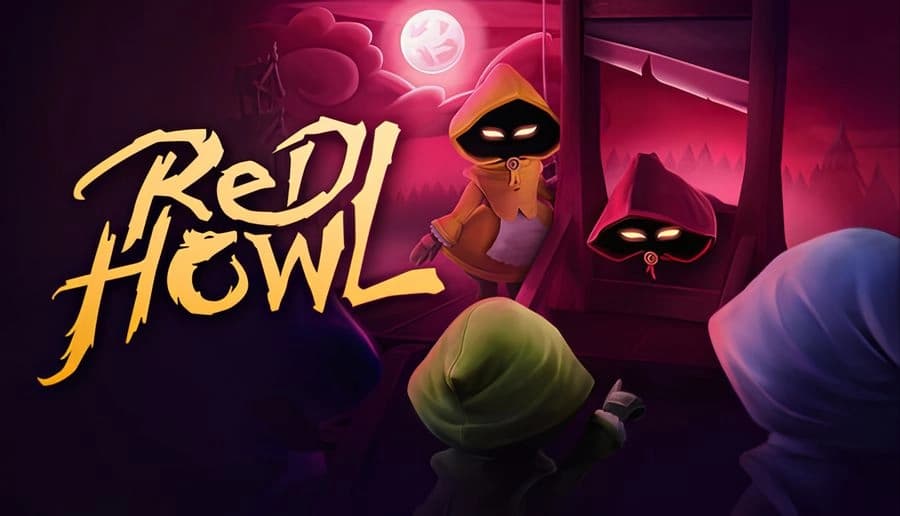 Redhowl: Hooded figure with glowing eyes faces three cloaked people in a dark forest with a large red moon overhead.