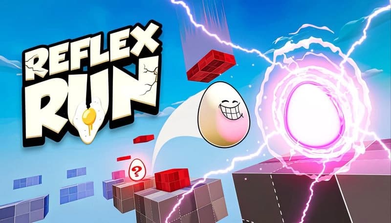 Reflex Run: Smiling egg leaps between floating platforms amid lightning and portals under a bright blue sky.