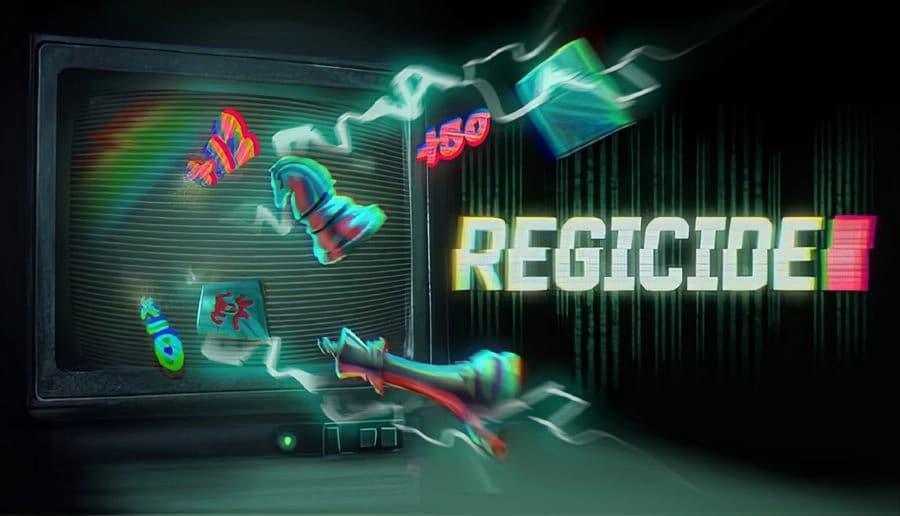 Regicide: Glowing chess pieces and score numbers burst from a CRT monitor with electric arcs in a dark room backdrop.