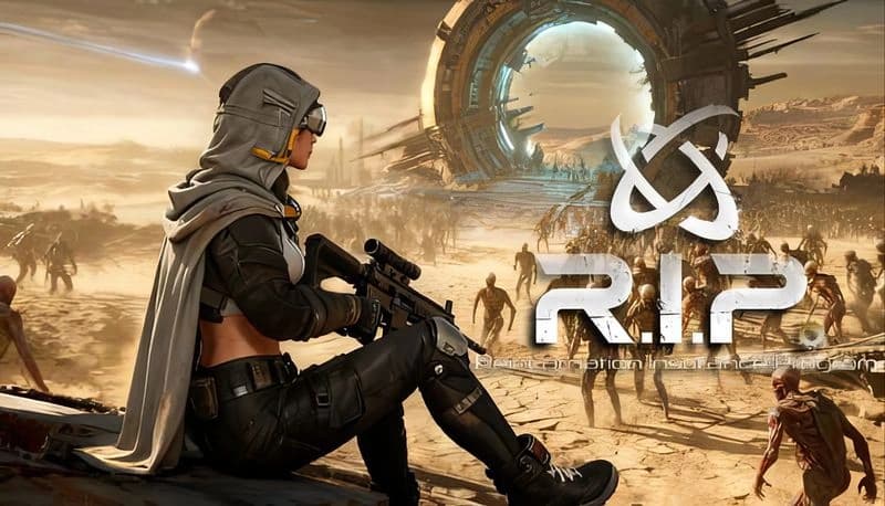 Reincarnation Insurance Program: Armed woman in futuristic gear observes chaotic desert with portal and zombie-like figures.
