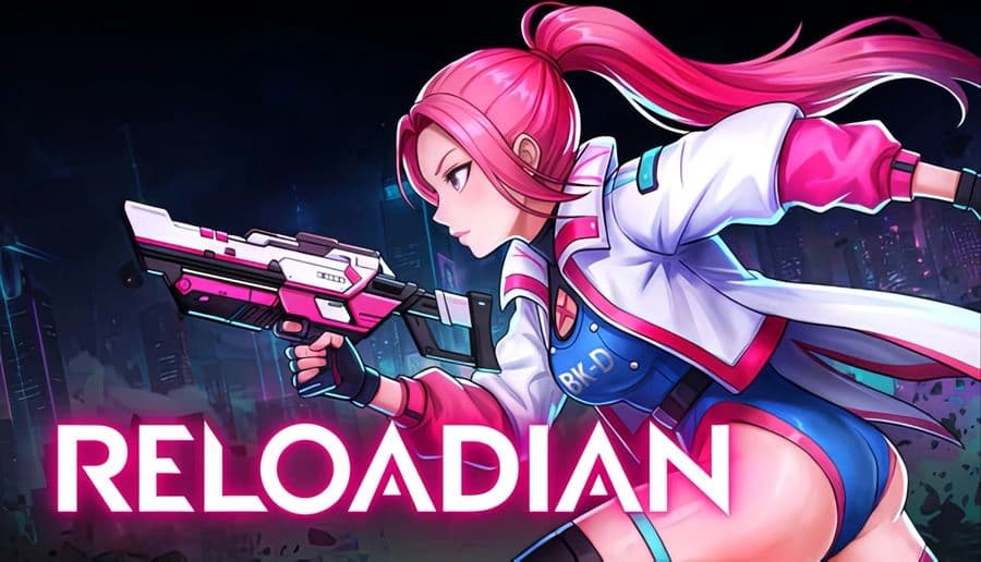 RELOADIAN: pink-haired woman aiming futuristic rifle, sprinting in sci-fi space backdrop with bright neon lighting.