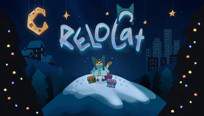 Relocat: Young cat holding gifts in snowy hilltop, surrounded by festive lights, distant village, and city skyline at night.