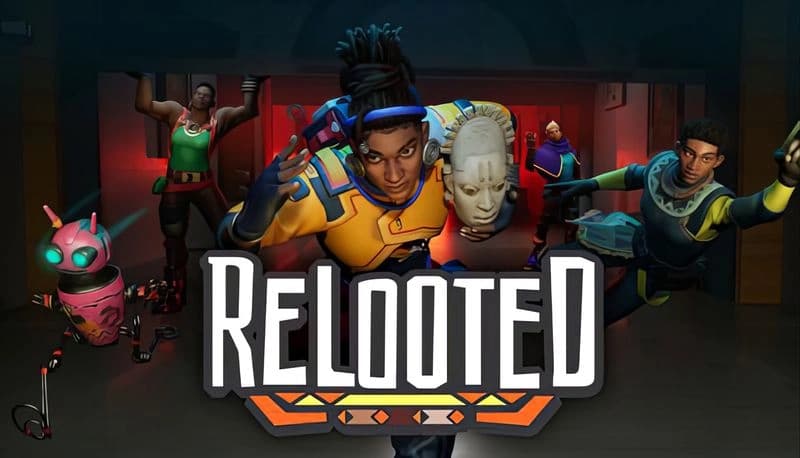 Relooted: Diverse crew rushes with artifact in futuristic museum heist, illuminated by vibrant lights and tech elements.