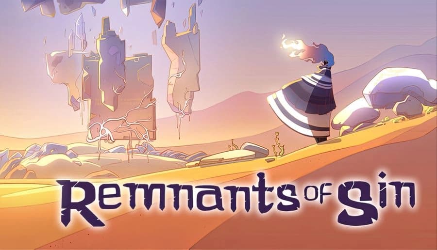 Remnants of Sin: Cloaked figure with fiery hair traverses a sunlit desert, distant floating ruins silhouetted against the sky.