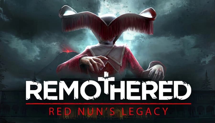 Remothered: horned nun in red robe reaches forward, face hidden by veil and hat against stormy gray sky.