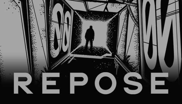 Silhouette of lone figure stands in shadowy corridor with walls marked "00" in black and white.